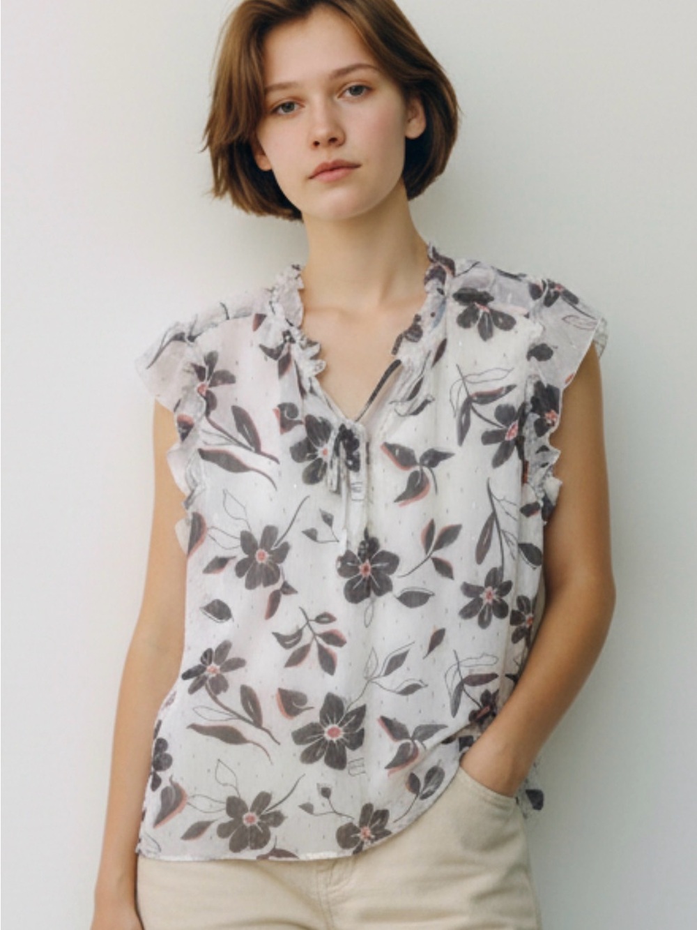 White Floral Ruffle Tie-Neck Blouse